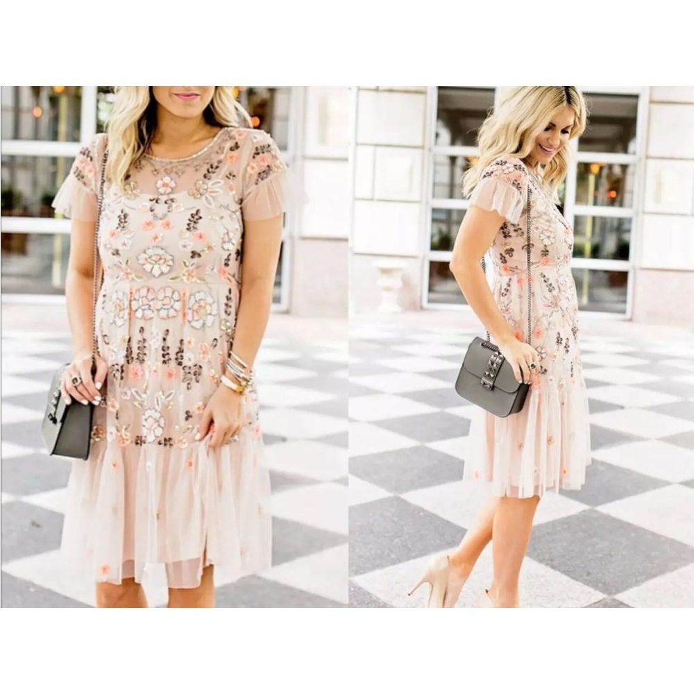 Gianni Bini Size 4 Blush Pink Floral Sequins Embellished Penny Dress Gown